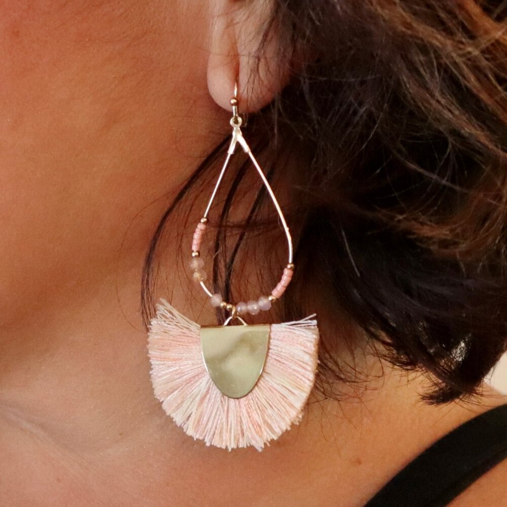 Teardrop Bead & Pink Tassel Earrings | Pastel Chandelier Design | Lightweight